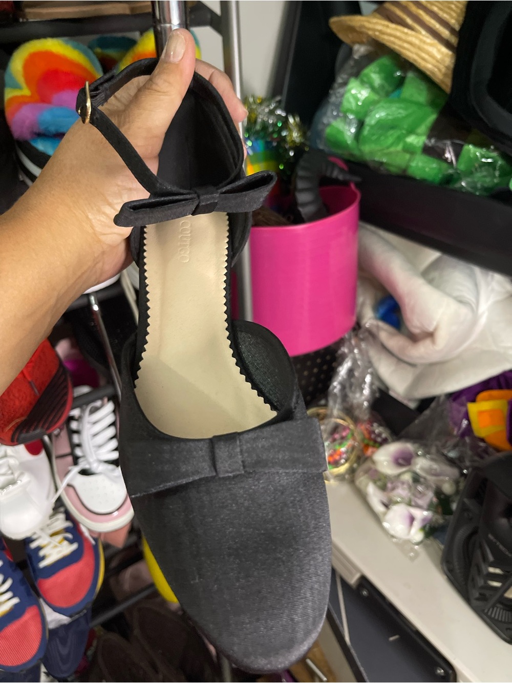 Black Bow-Accent Women's Ankle-Strap Flats